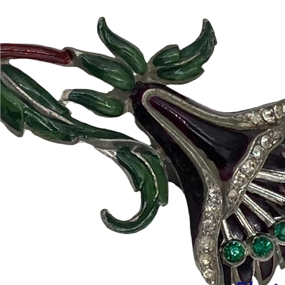 Rare Vintage Coro Enamel Rhinestone Trembler Flower Brooch Perfume Pocket - Picture 3 of 6